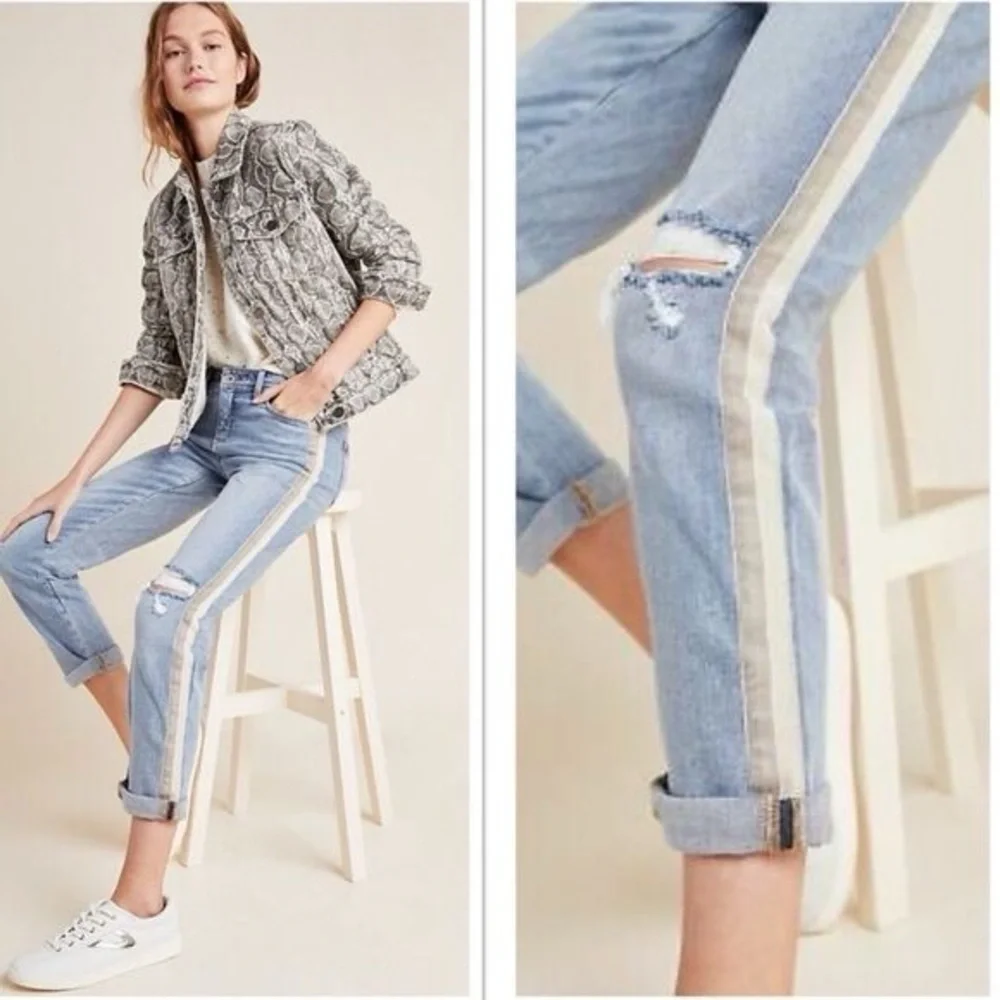 Anthropologie Pilcro Distressed Velvet Side Striped Slim Boyfriend Jeans Size 28 - Picture 2 of 8